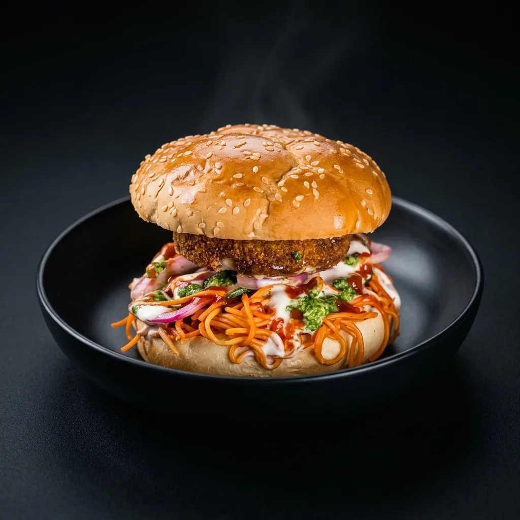 Signature Veg Burger – Sector 17's noodle burger in NE Calgary, AB